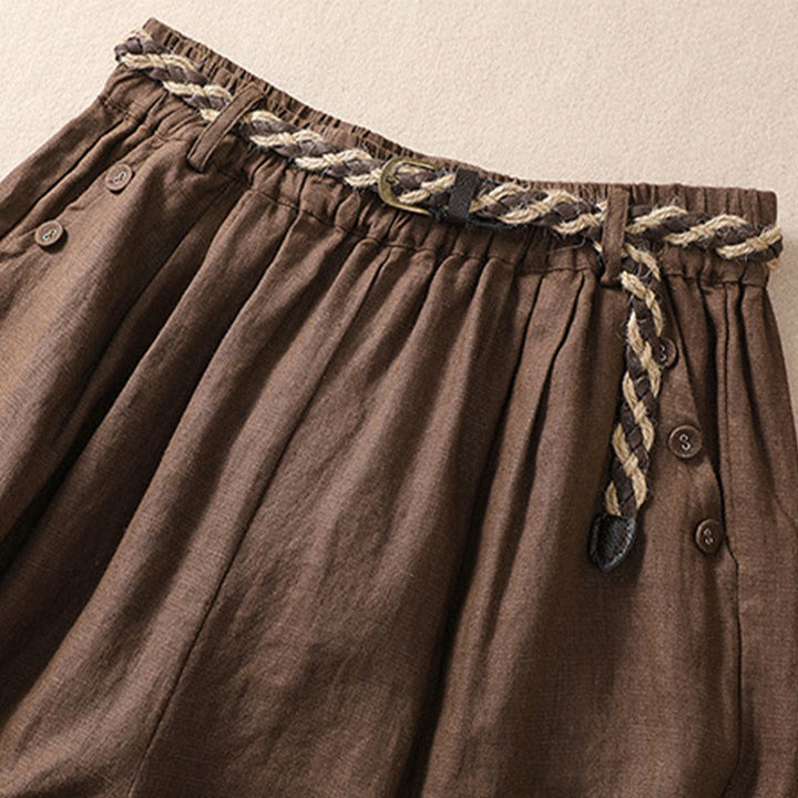 Buddha Stones Casual Jednokolorowe Podwinięte Mankiety Pasek Bawełniano-lniane Damskie Szorty Z Kieszeniami - image 13