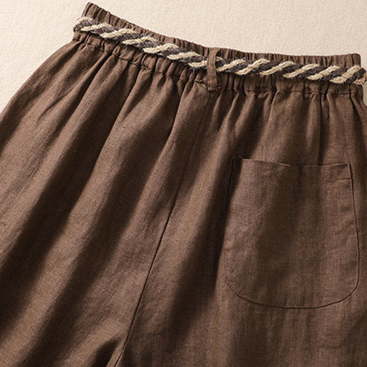 Buddha Stones Casual Jednokolorowe Podwinięte Mankiety Pasek Bawełniano-lniane Damskie Szorty Z Kieszeniami - image 15