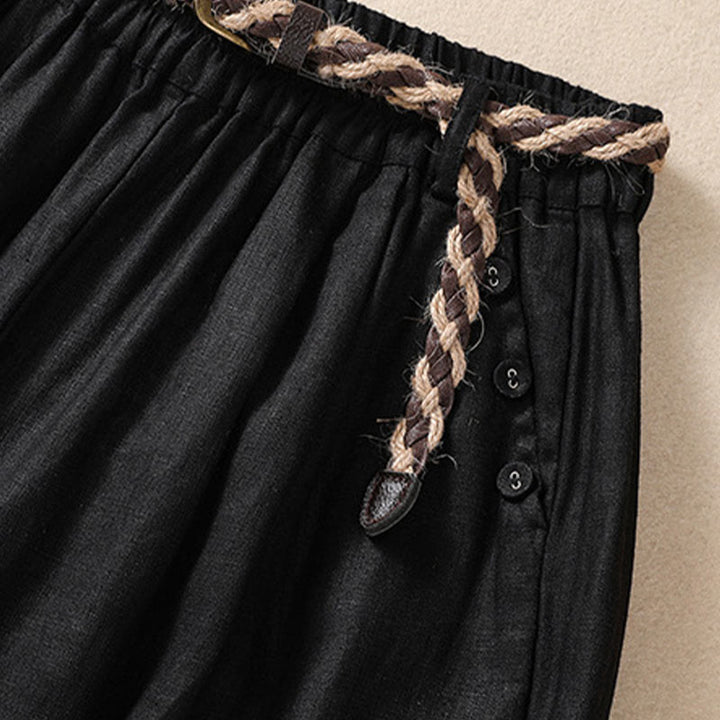 Buddha Stones Casual Jednokolorowe Podwinięte Mankiety Pasek Bawełniano-lniane Damskie Szorty Z Kieszeniami - image 11