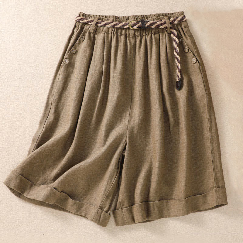 Buddha Stones Casual Jednokolorowe Podwinięte Mankiety Pasek Bawełniano-lniane Damskie Szorty Z Kieszeniami - Ciemny Khaki - US8-10，UK/AU12-14，EU40-42 (2XL) - image 0