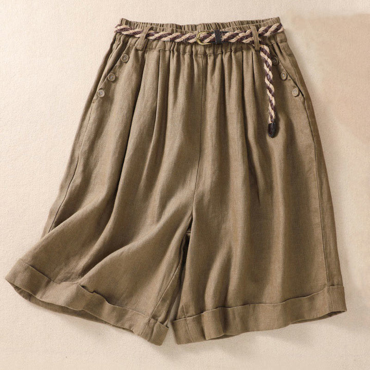 Buddha Stones Casual Jednokolorowe Podwinięte Mankiety Pasek Bawełniano-lniane Damskie Szorty Z Kieszeniami - Ciemny Khaki - US8-10，UK/AU12-14，EU40-42 (2XL) - image 0