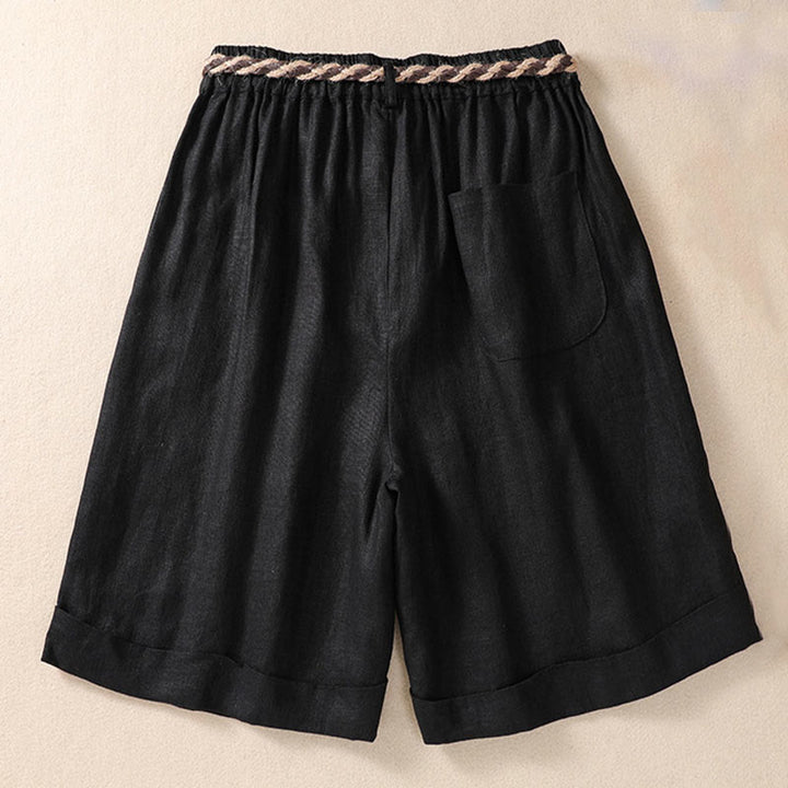 Buddha Stones Casual Jednokolorowe Podwinięte Mankiety Pasek Bawełniano-lniane Damskie Szorty Z Kieszeniami - image 9