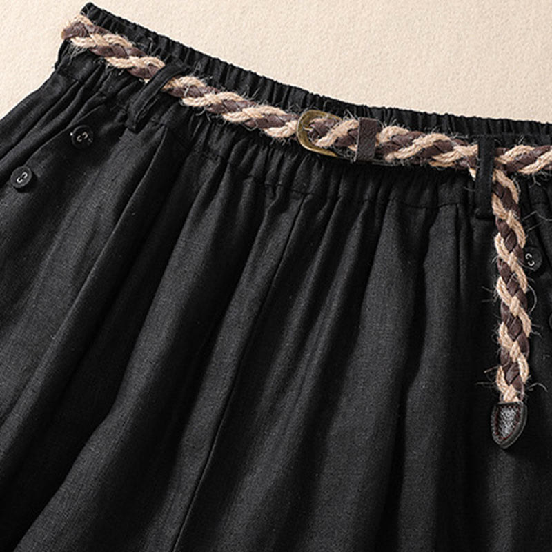 Buddha Stones Casual Jednokolorowe Podwinięte Mankiety Pasek Bawełniano-lniane Damskie Szorty Z Kieszeniami - image 10