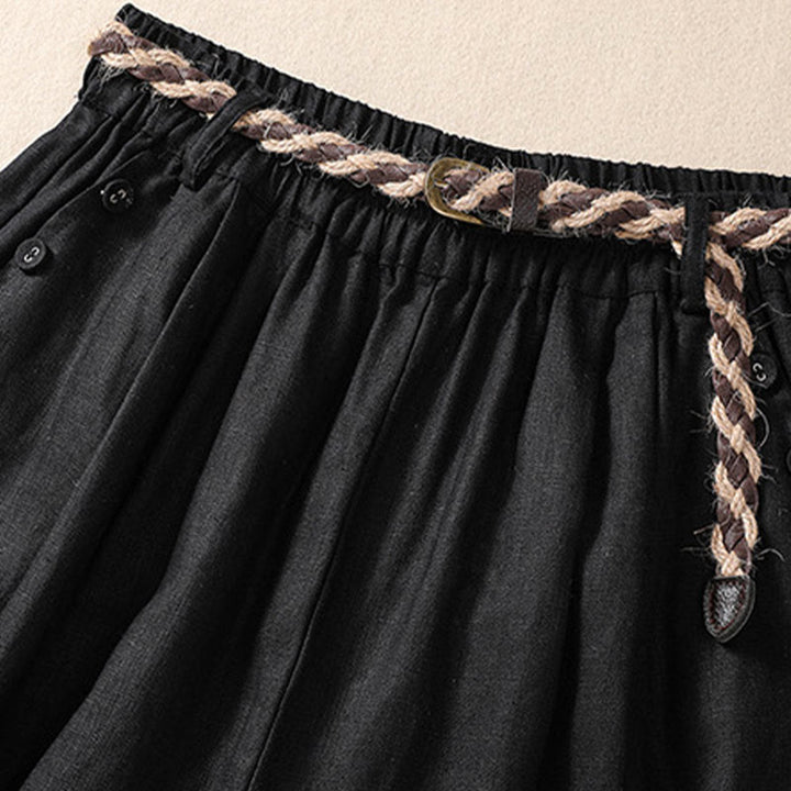 Buddha Stones Casual Jednokolorowe Podwinięte Mankiety Pasek Bawełniano-lniane Damskie Szorty Z Kieszeniami - image 10