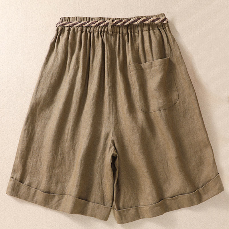 Buddha Stones Casual Jednokolorowe Podwinięte Mankiety Pasek Bawełniano-lniane Damskie Szorty Z Kieszeniami - image 2