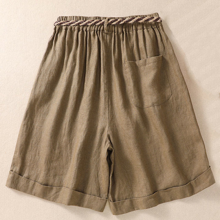 Buddha Stones Casual Jednokolorowe Podwinięte Mankiety Pasek Bawełniano-lniane Damskie Szorty Z Kieszeniami - image 2