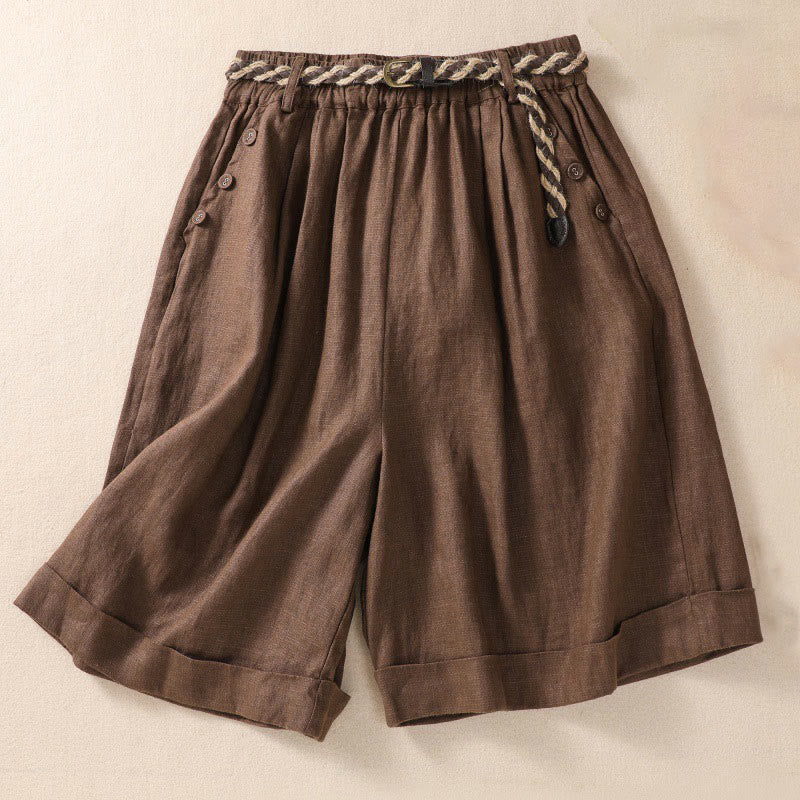 Buddha Stones Casual Jednokolorowe Podwinięte Mankiety Pasek Bawełniano-lniane Damskie Szorty Z Kieszeniami - Sjena - US8-10，UK/AU12-14，EU40-42 (2XL) - image 12