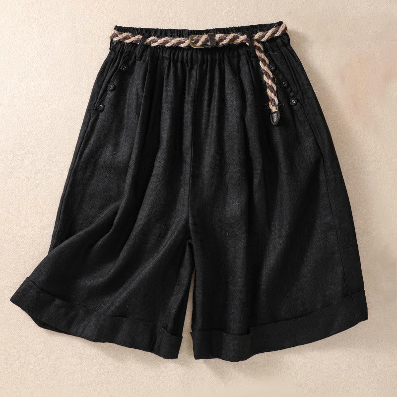 Buddha Stones Casual Jednokolorowe Podwinięte Mankiety Pasek Bawełniano-lniane Damskie Szorty Z Kieszeniami - Czarny - US8-10，UK/AU12-14，EU40-42 (2XL) - image 8