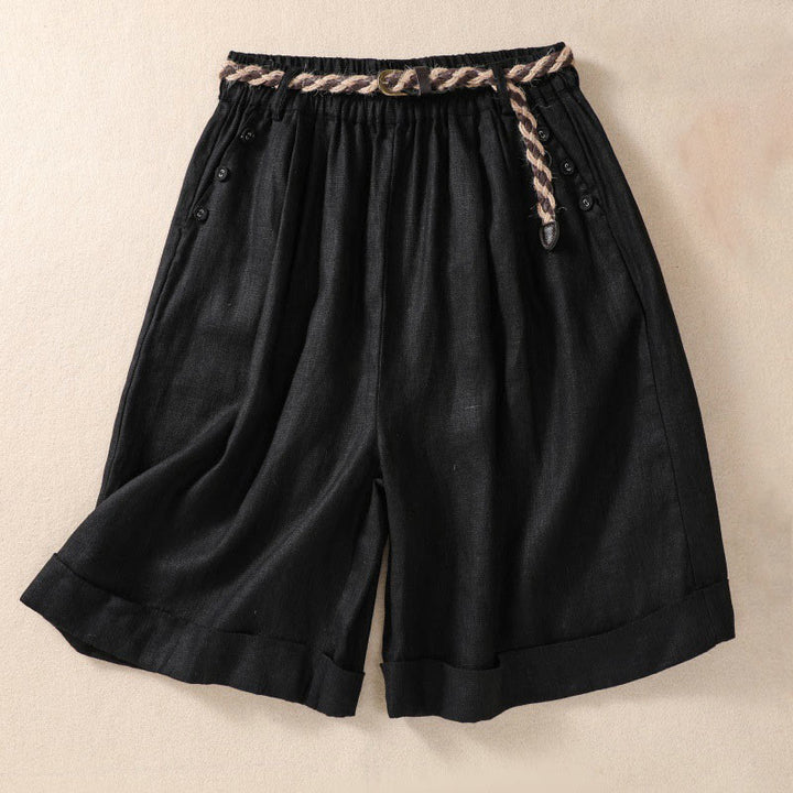 Buddha Stones Casual Jednokolorowe Podwinięte Mankiety Pasek Bawełniano-lniane Damskie Szorty Z Kieszeniami - Czarny - US8-10，UK/AU12-14，EU40-42 (2XL) - image 8