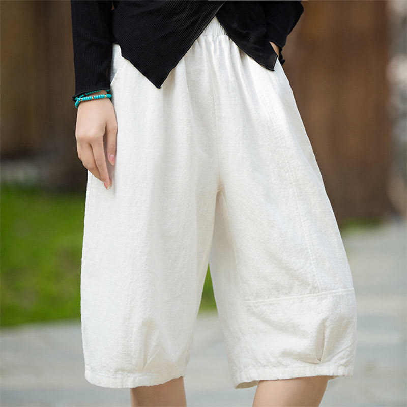 Szorty damskie Buddha Stones Casual Plain Color Cotton Ramie z kieszeniami