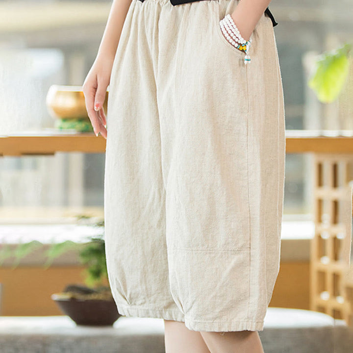 Szorty damskie Buddha Stones Casual Plain Color Cotton Ramie z kieszeniami
