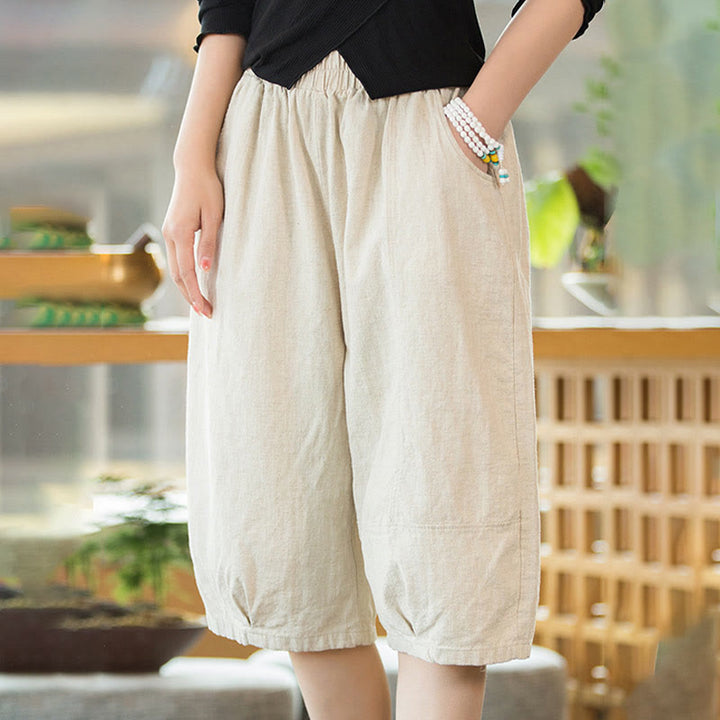 Szorty damskie Buddha Stones Casual Plain Color Cotton Ramie z kieszeniami