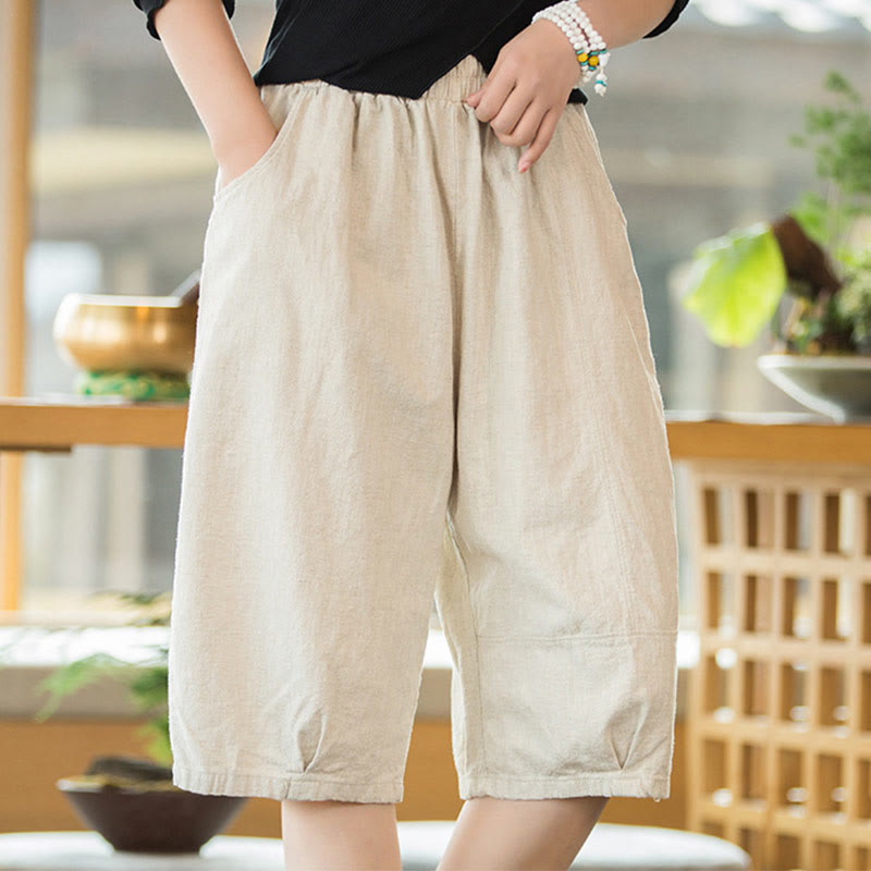 Szorty damskie Buddha Stones Casual Plain Color Cotton Ramie z kieszeniami