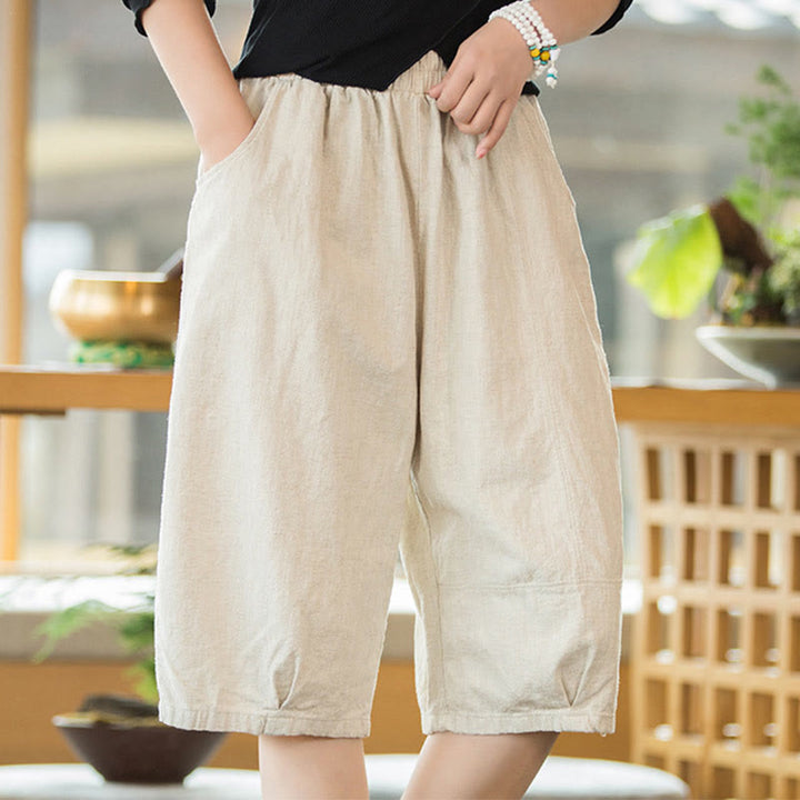 Szorty damskie Buddha Stones Casual Plain Color Cotton Ramie z kieszeniami