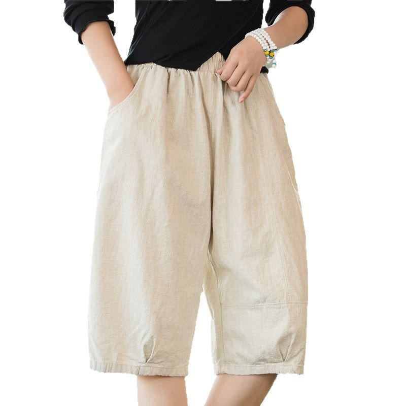 Szorty damskie Buddha Stones Casual Plain Color Cotton Ramie z kieszeniami