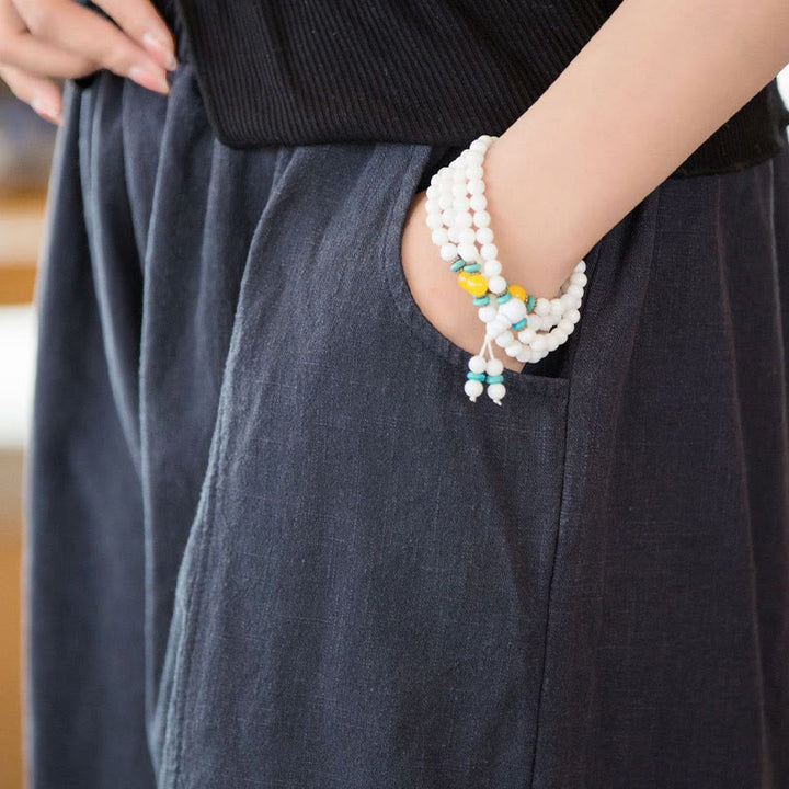 Szorty damskie Buddha Stones Casual Plain Color Cotton Ramie z kieszeniami
