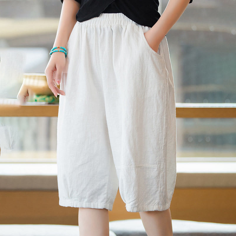 Szorty damskie Buddha Stones Casual Plain Color Cotton Ramie z kieszeniami