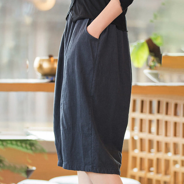 Szorty damskie Buddha Stones Casual Plain Color Cotton Ramie z kieszeniami