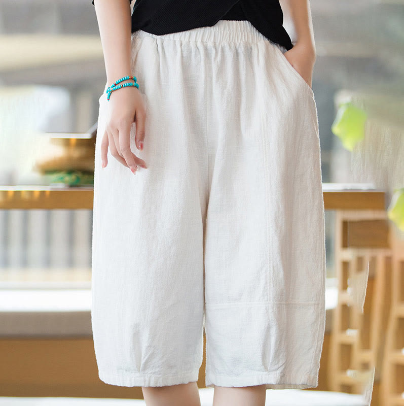 Szorty damskie Buddha Stones Casual Plain Color Cotton Ramie z kieszeniami