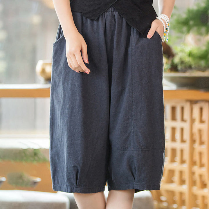 Szorty damskie Buddha Stones Casual Plain Color Cotton Ramie z kieszeniami