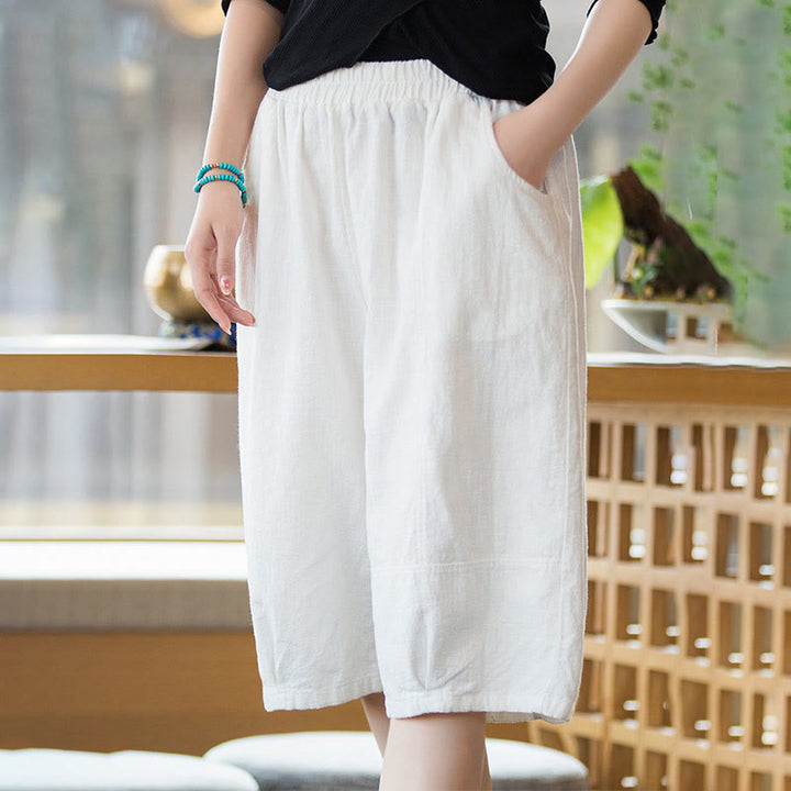 Szorty damskie Buddha Stones Casual Plain Color Cotton Ramie z kieszeniami