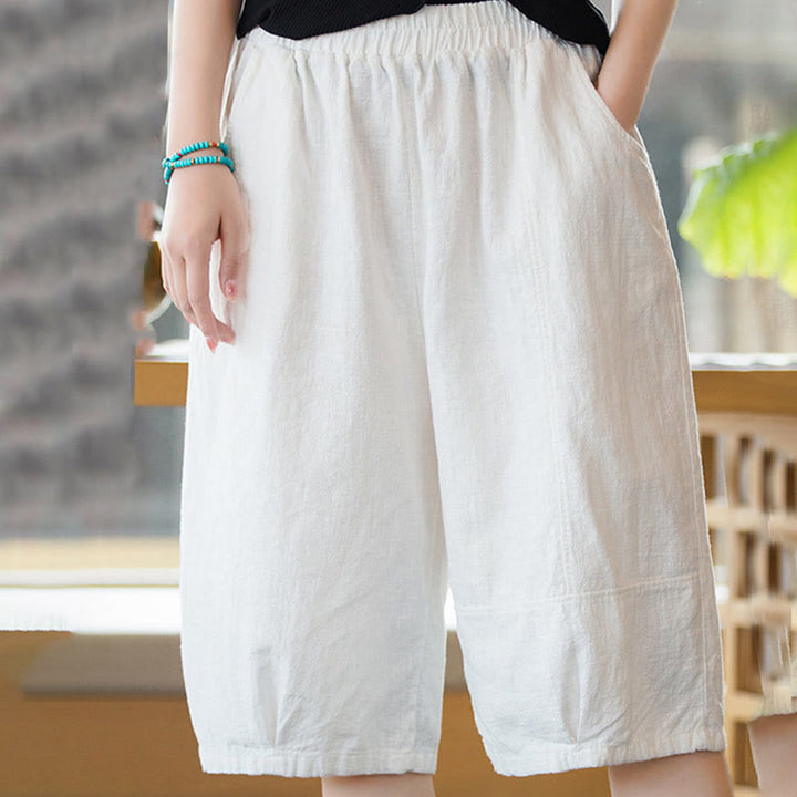 Szorty damskie Buddha Stones Casual Plain Color Cotton Ramie z kieszeniami
