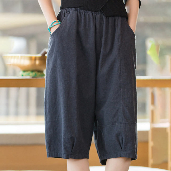 Szorty damskie Buddha Stones Casual Plain Color Cotton Ramie z kieszeniami