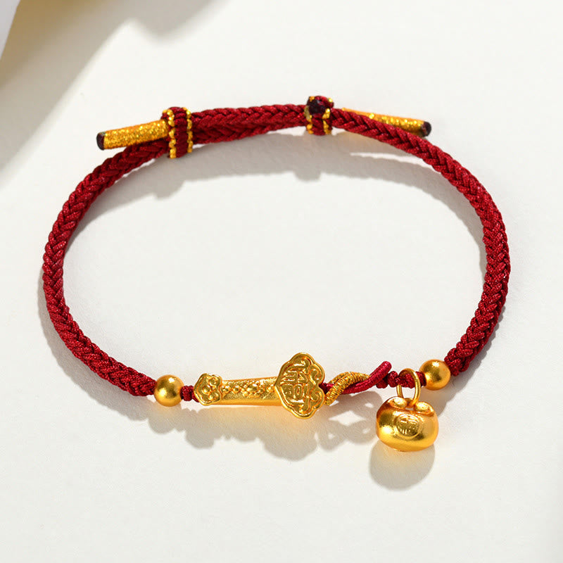 Buddha Stones Czerwony Sznur Fu Charakter Sztabka Ruyi Stick Szczęście Pleciona Bransoletka