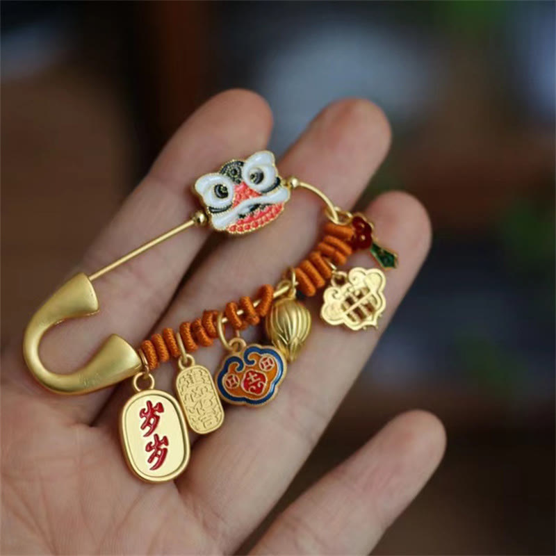 Buddha Stones Tańczący Lew Pączek Lotosu Miedziana Broszka Fortuna