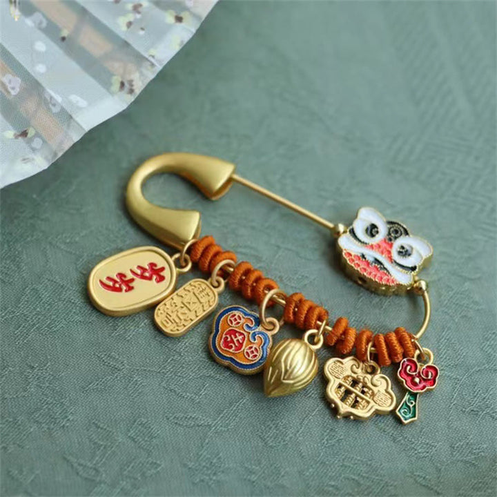 Buddha Stones Tańczący Lew Pączek Lotosu Miedziana Broszka Fortuna