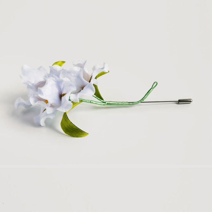 Buddha Stones Ręcznie Robione Aksamitne Kwiaty Morwy Jedwabiu Biały Kwiat Irysa Broszka