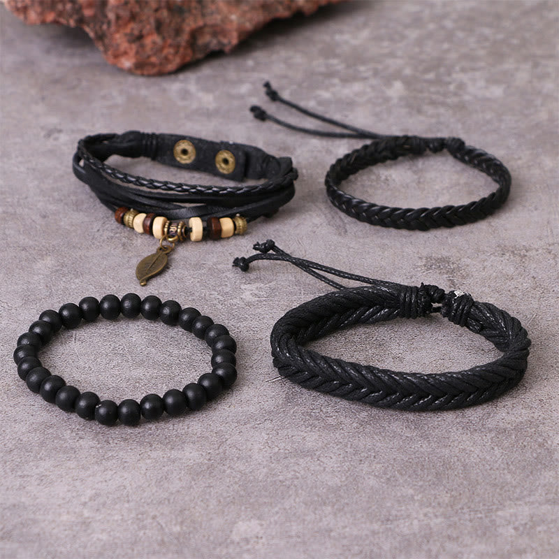 Zestaw bransoletek z Buddha Stones, liści, wielowarstwowych, skręconych skórzanych koralików z żywicy i odwagi