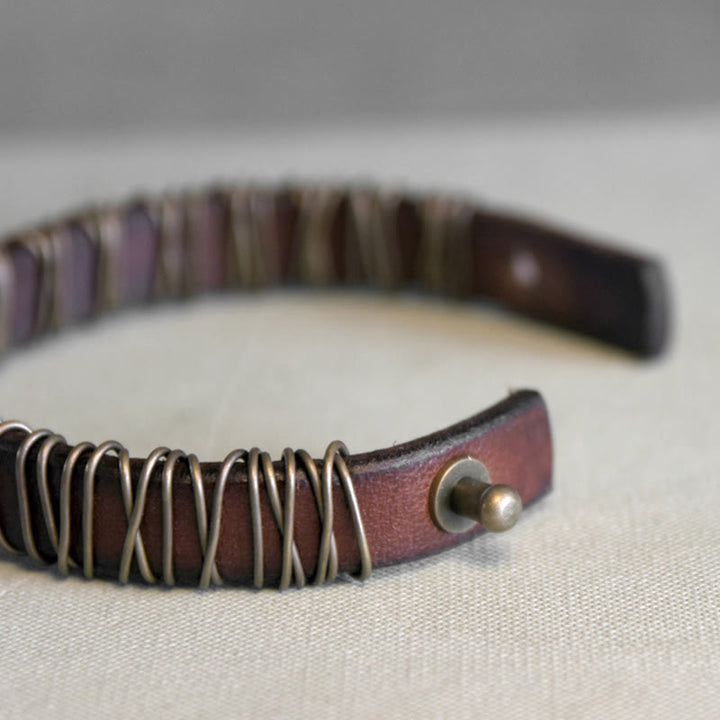 Bransoletka z Buddha Stones Vintage Leather Copper Brass Wire Wrap Balance