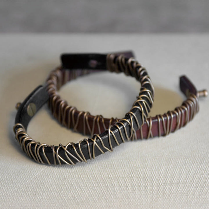 Bransoletka z Buddha Stones Vintage Leather Copper Brass Wire Wrap Balance