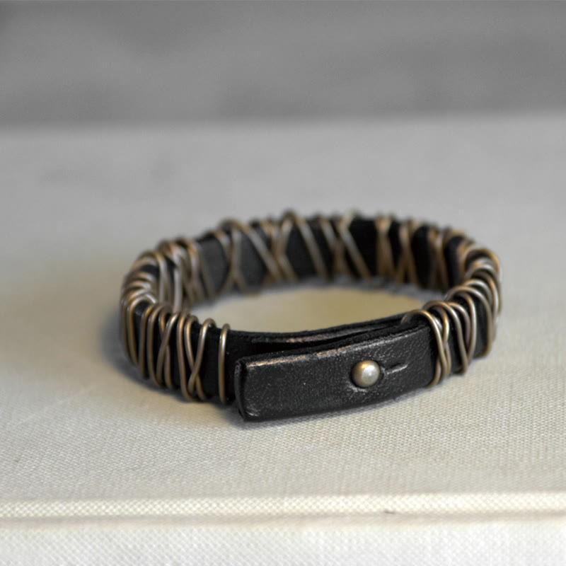 Bransoletka z Buddha Stones Vintage Leather Copper Brass Wire Wrap Balance