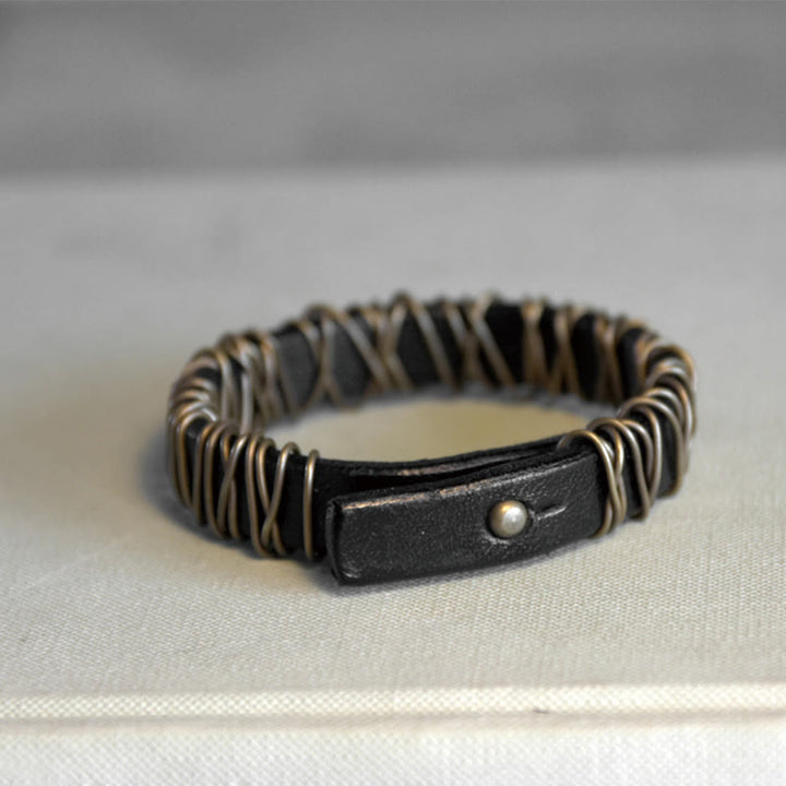 Bransoletka z Buddha Stones Vintage Leather Copper Brass Wire Wrap Balance