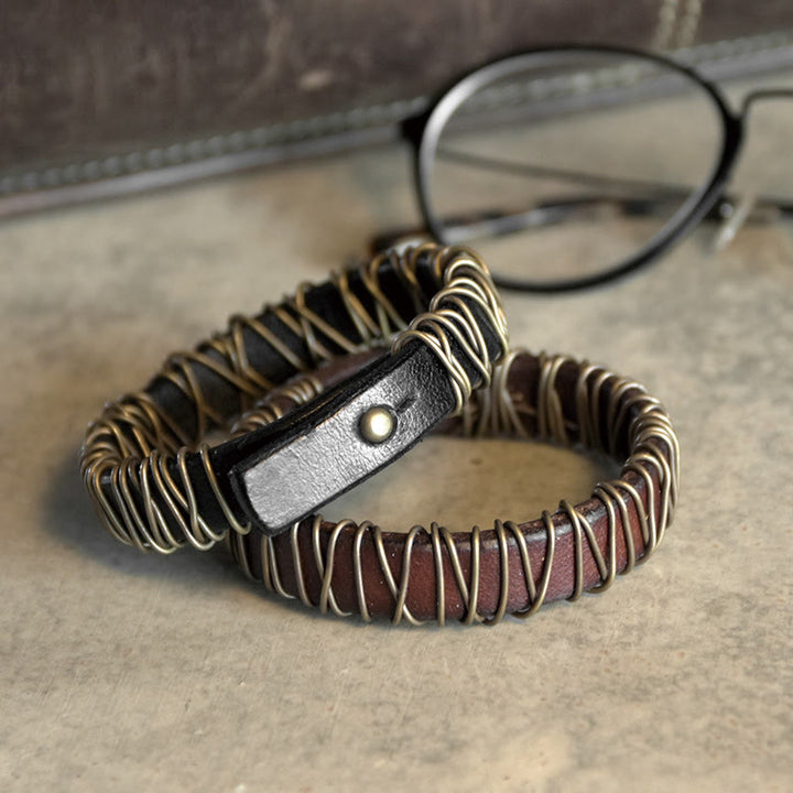 Bransoletka z Buddha Stones Vintage Leather Copper Brass Wire Wrap Balance