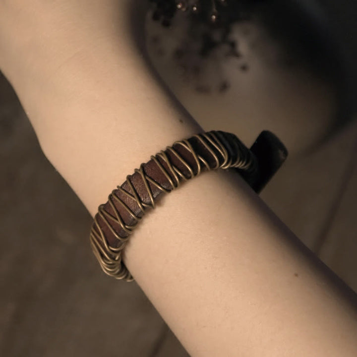 Bransoletka z Buddha Stones Vintage Leather Copper Brass Wire Wrap Balance