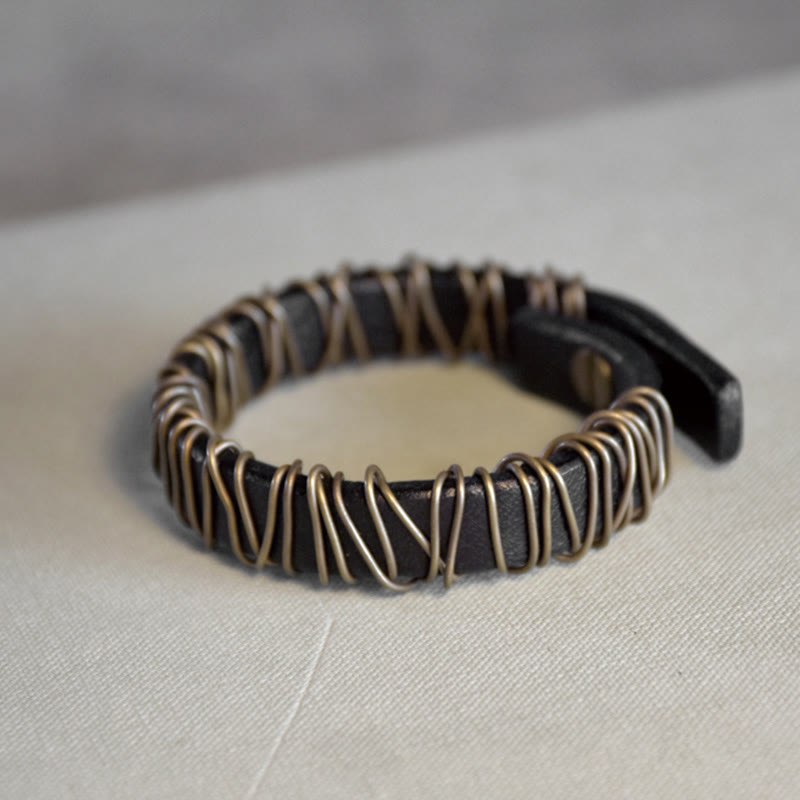 Bransoletka z Buddha Stones Vintage Leather Copper Brass Wire Wrap Balance