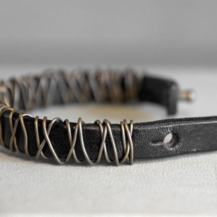 Bransoletka z Buddha Stones Vintage Leather Copper Brass Wire Wrap Balance