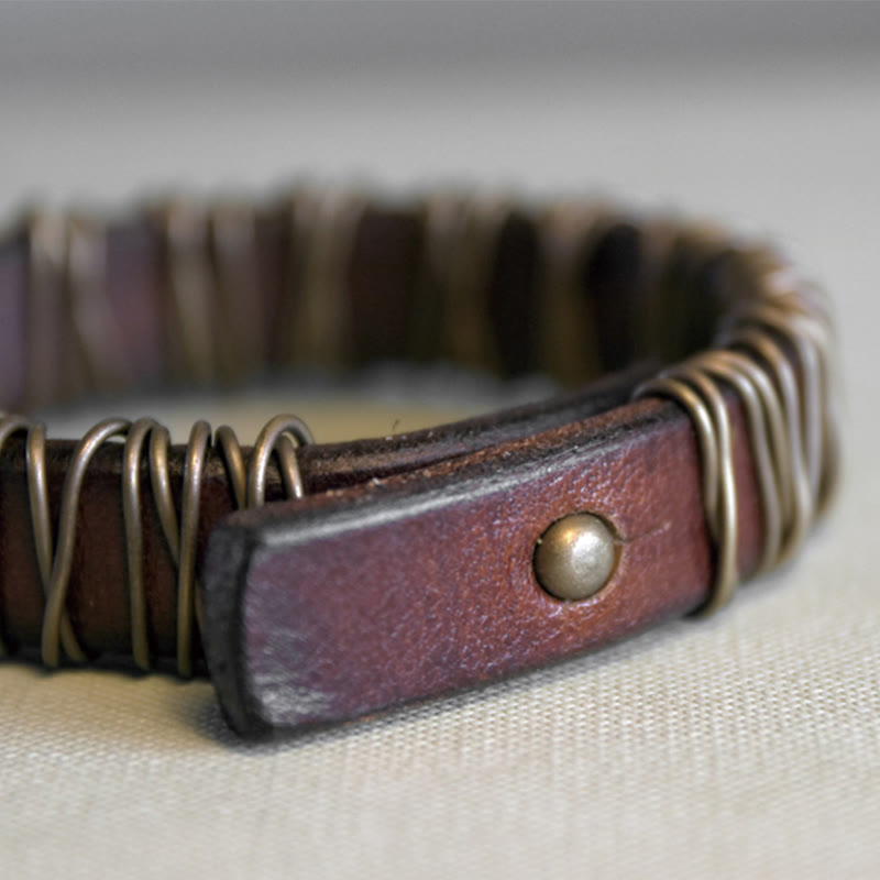 Bransoletka z Buddha Stones Vintage Leather Copper Brass Wire Wrap Balance