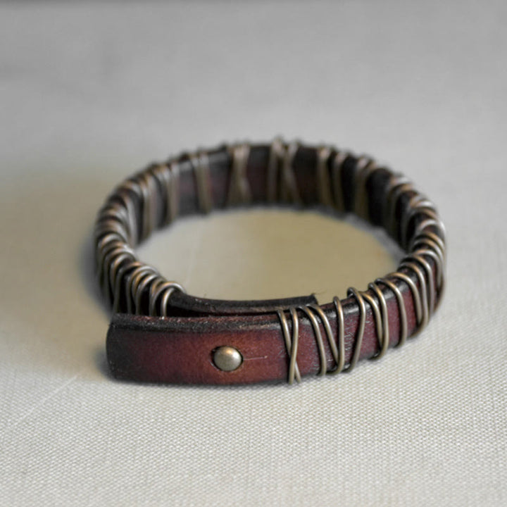 Bransoletka z Buddha Stones Vintage Leather Copper Brass Wire Wrap Balance