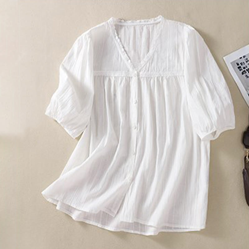 Koszula damska Buddha Stones z czystej białej koronki z dekoltem w serek i krótkim rękawem wykonana z bawełny - image 4