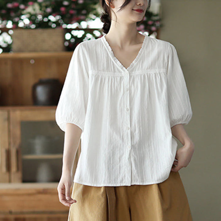 Koszula damska Buddha Stones z czystej białej koronki z dekoltem w serek i krótkim rękawem wykonana z bawełny - image 9