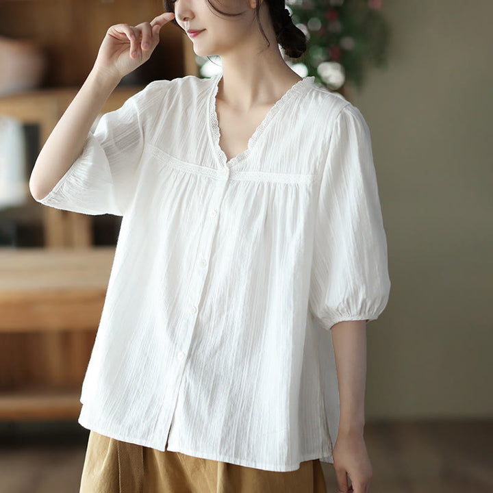 Koszula damska Buddha Stones z czystej białej koronki z dekoltem w serek i krótkim rękawem wykonana z bawełny - image 3