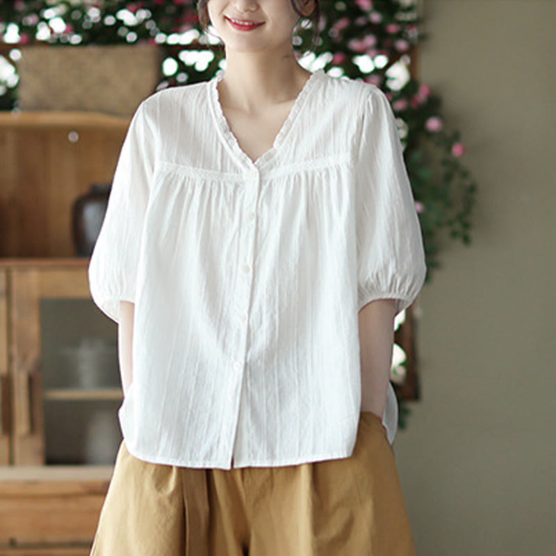 Koszula damska Buddha Stones z czystej białej koronki z dekoltem w serek i krótkim rękawem wykonana z bawełny - image 1