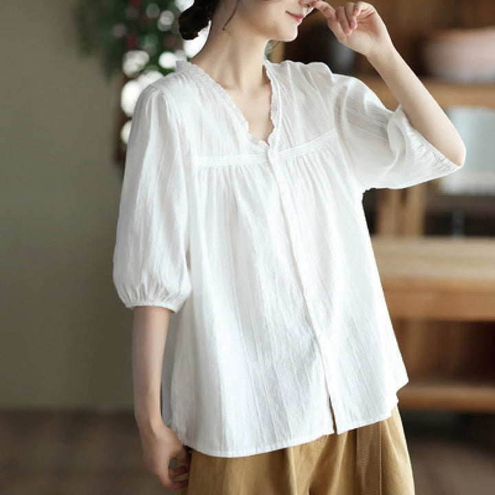 Koszula damska Buddha Stones z czystej białej koronki z dekoltem w serek i krótkim rękawem wykonana z bawełny - Biały - US8-10，UK/AU12-14，EU40-42 (2XL) - image 0