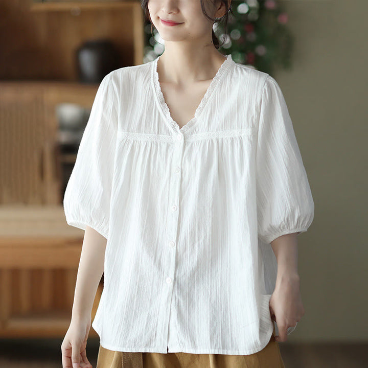 Koszula damska Buddha Stones z czystej białej koronki z dekoltem w serek i krótkim rękawem wykonana z bawełny - image 8