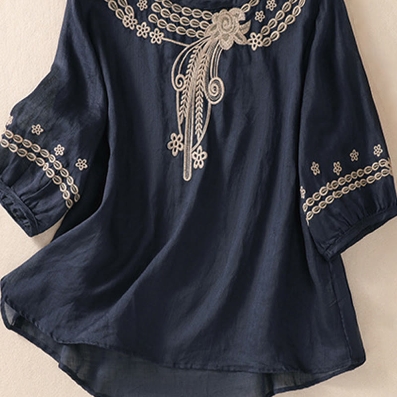 Koszula damska Buddha Stones z okrągłym dekoltem i pustym wzorem, z krótkim rękawem, z bawełny i lnu - image 11