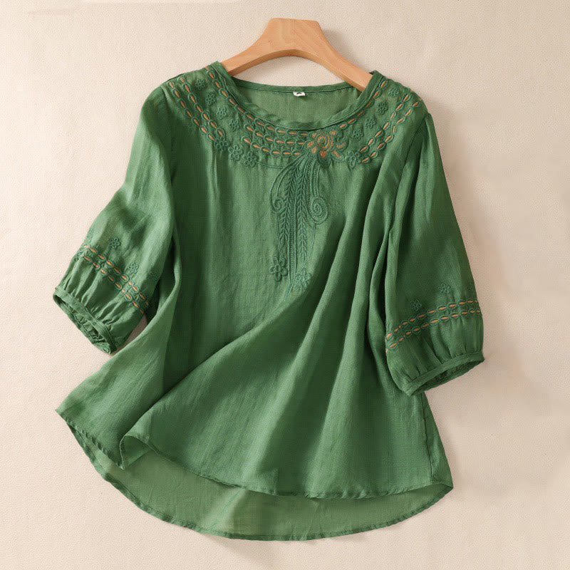 Koszula damska Buddha Stones z okrągłym dekoltem i pustym wzorem, z krótkim rękawem, z bawełny i lnu